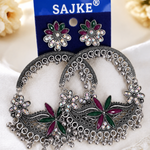 Oxidized Floral Hoop Earings
