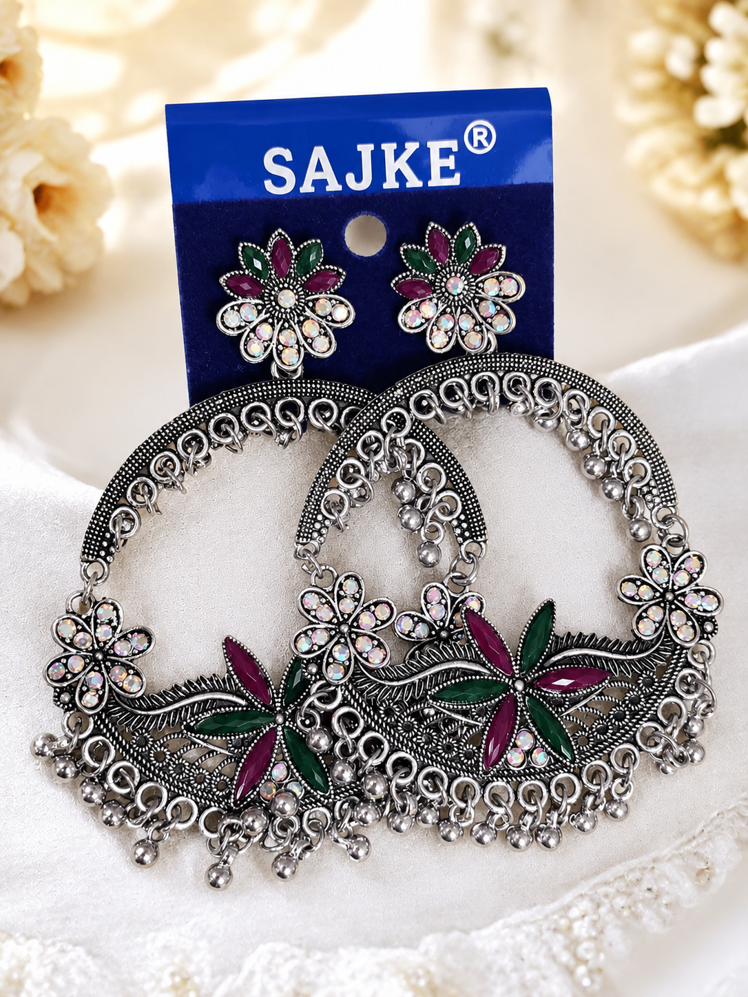 Oxidized Floral Hoop Earings