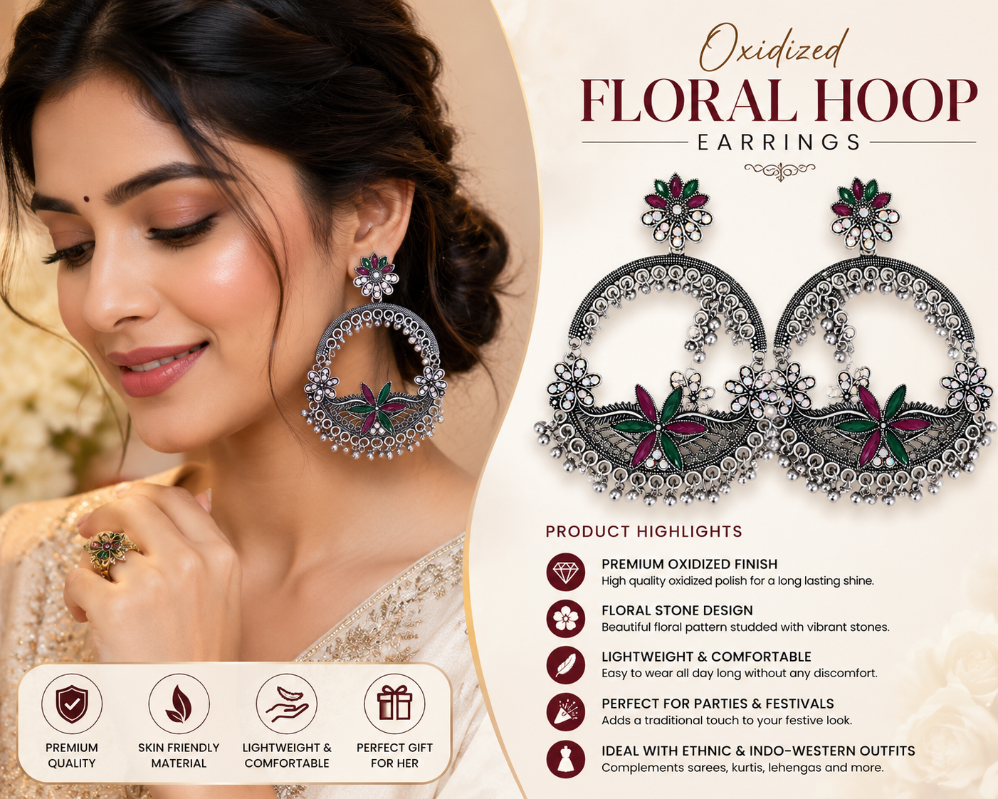 Oxidized Floral Hoop Earings - Image 2