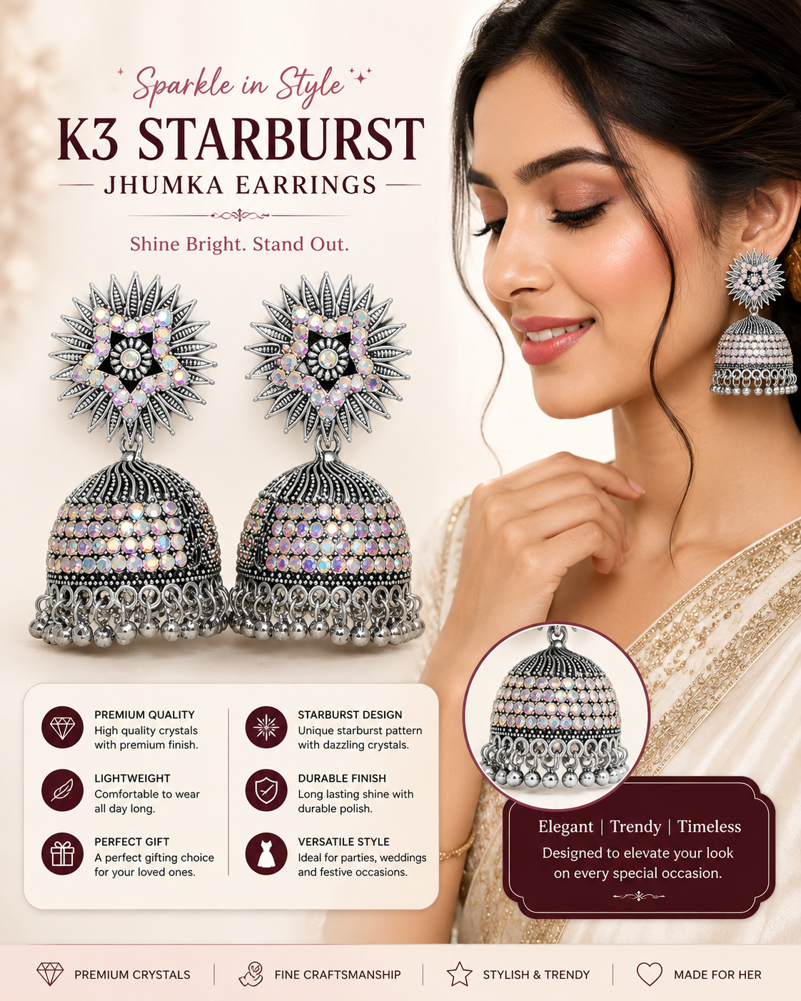 Crystal Starburst Jhumka Earrings - Image 3