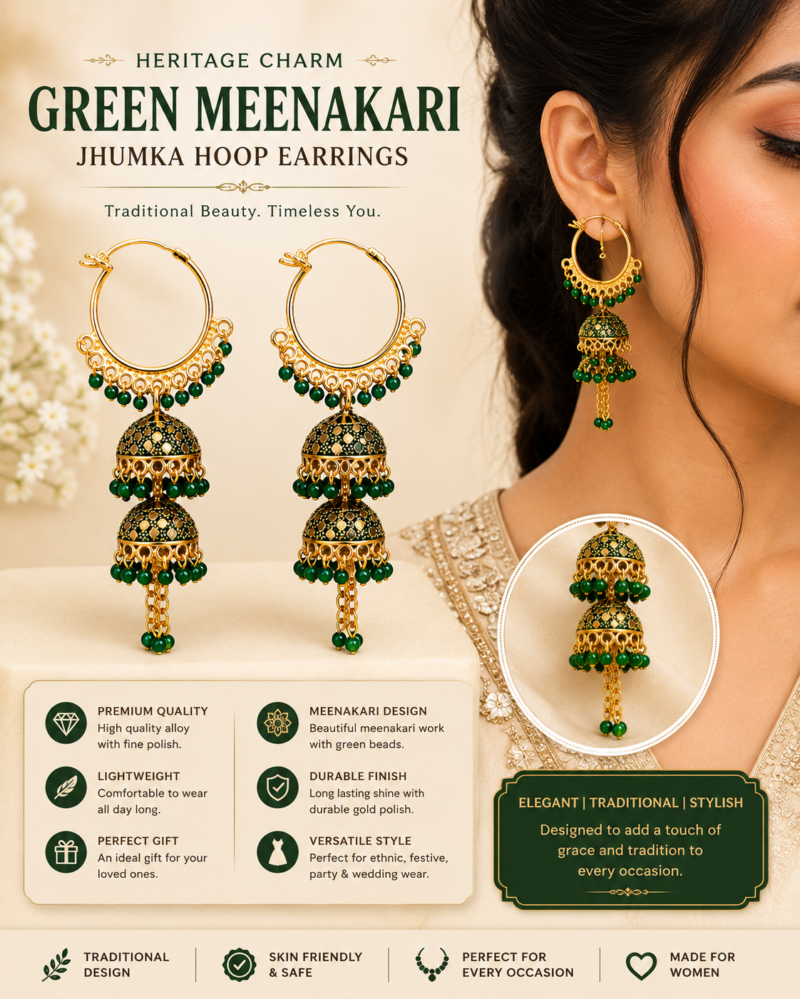 Emerald Heritage Jhumka Hoops - Image 2