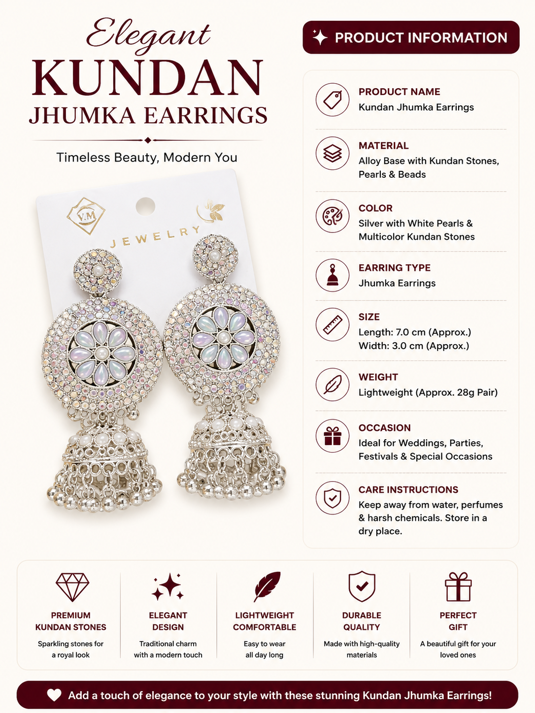 Elegant Kundan Jhumka Earrings - Image 2