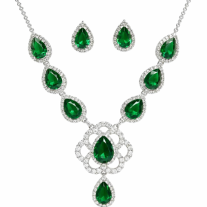 Emerald Green Teardrop Crystal Necklace Set with Matching Earrings for Women in Silver Finish