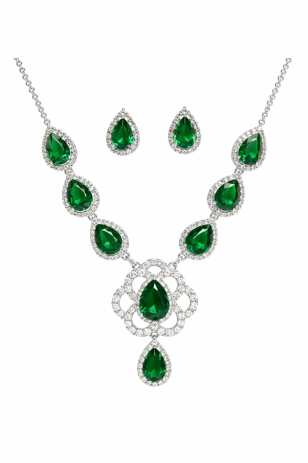 Emerald Green Teardrop Crystal Necklace Set with Matching Earrings for Women in Silver Finish