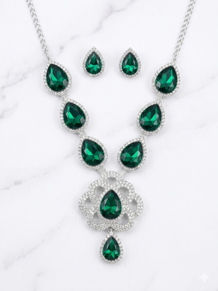 Emerald Green Teardrop Crystal Necklace Set with Matching Earrings for Women in Silver Finish