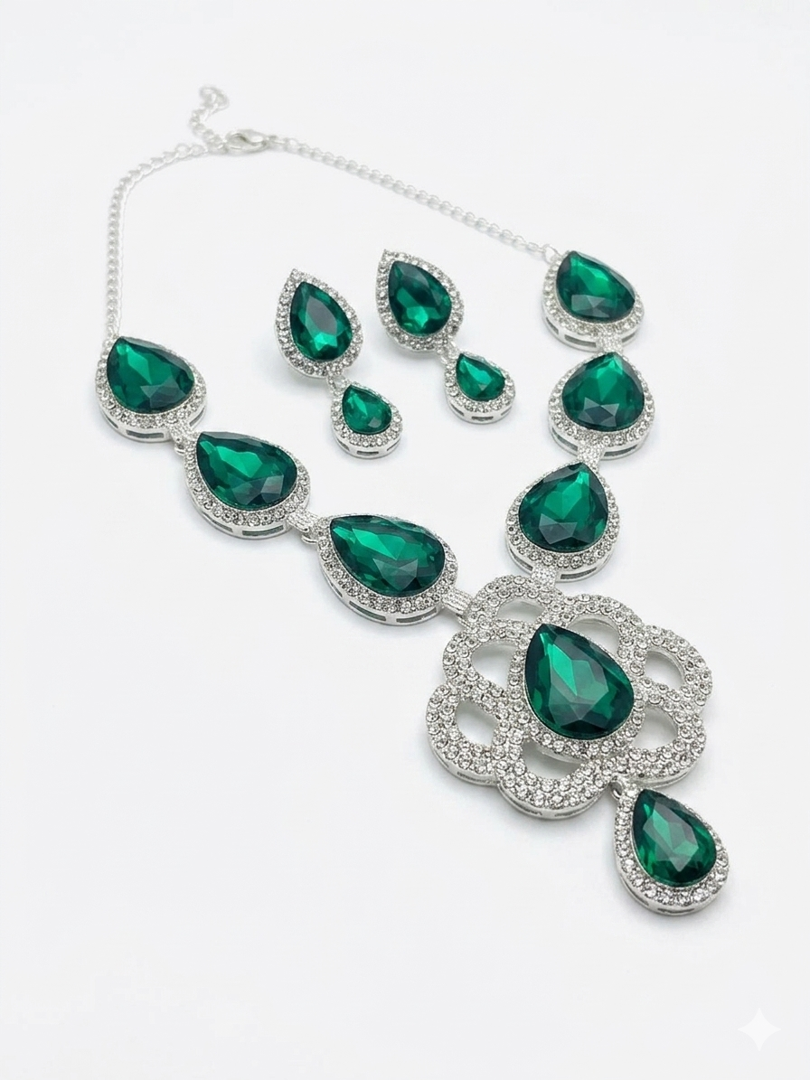 Emerald Green Teardrop Crystal Necklace Set with Matching Earrings for Women in Silver Finish