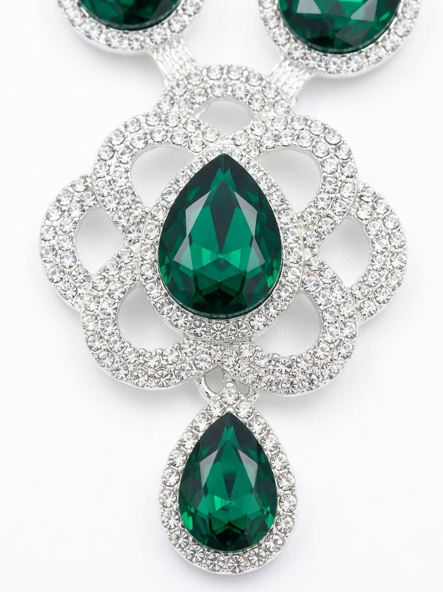 Emerald Green Teardrop Crystal Necklace Set with Matching Earrings for Women in Silver Finish