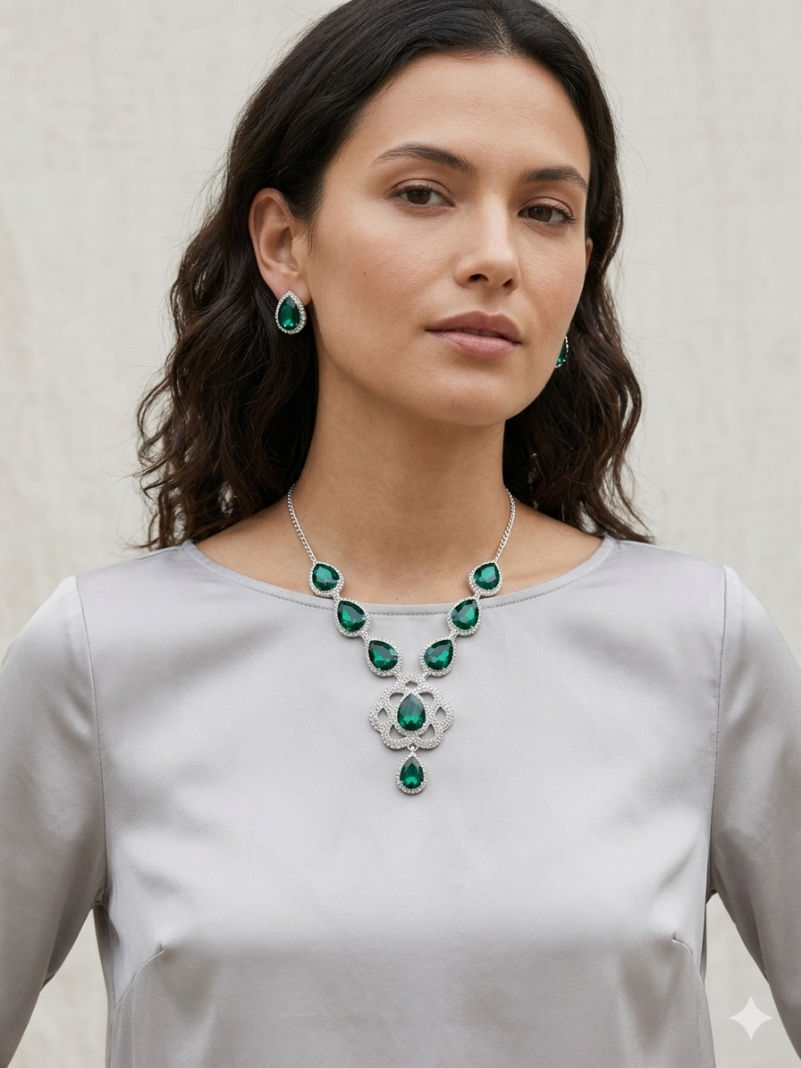 Emerald Green Teardrop Crystal Necklace Set with Matching Earrings for Women in Silver Finish
