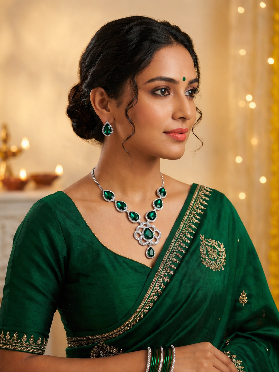 Emerald Green Teardrop Crystal Necklace Set with Matching Earrings for Women in Silver Finish