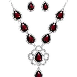 Silver Plated Red Crystal Teardrop Necklace Set with Stud Earrings for Women and Girls
