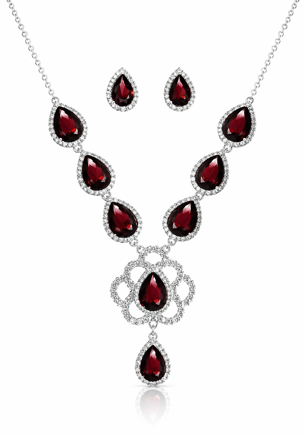 Silver Plated Red Crystal Teardrop Necklace Set with Stud Earrings for Women and Girls