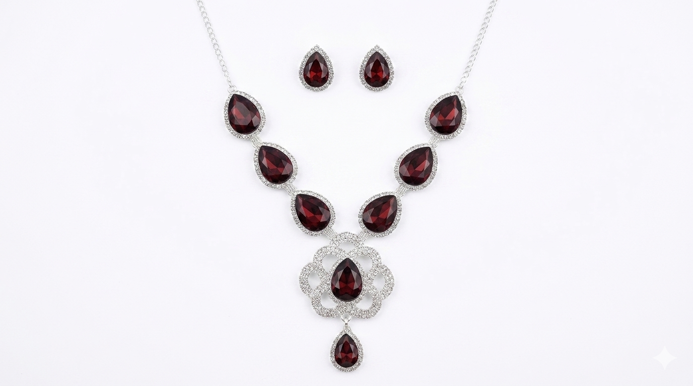 Silver Plated Red Crystal Teardrop Necklace Set with Stud Earrings for Women and Girls