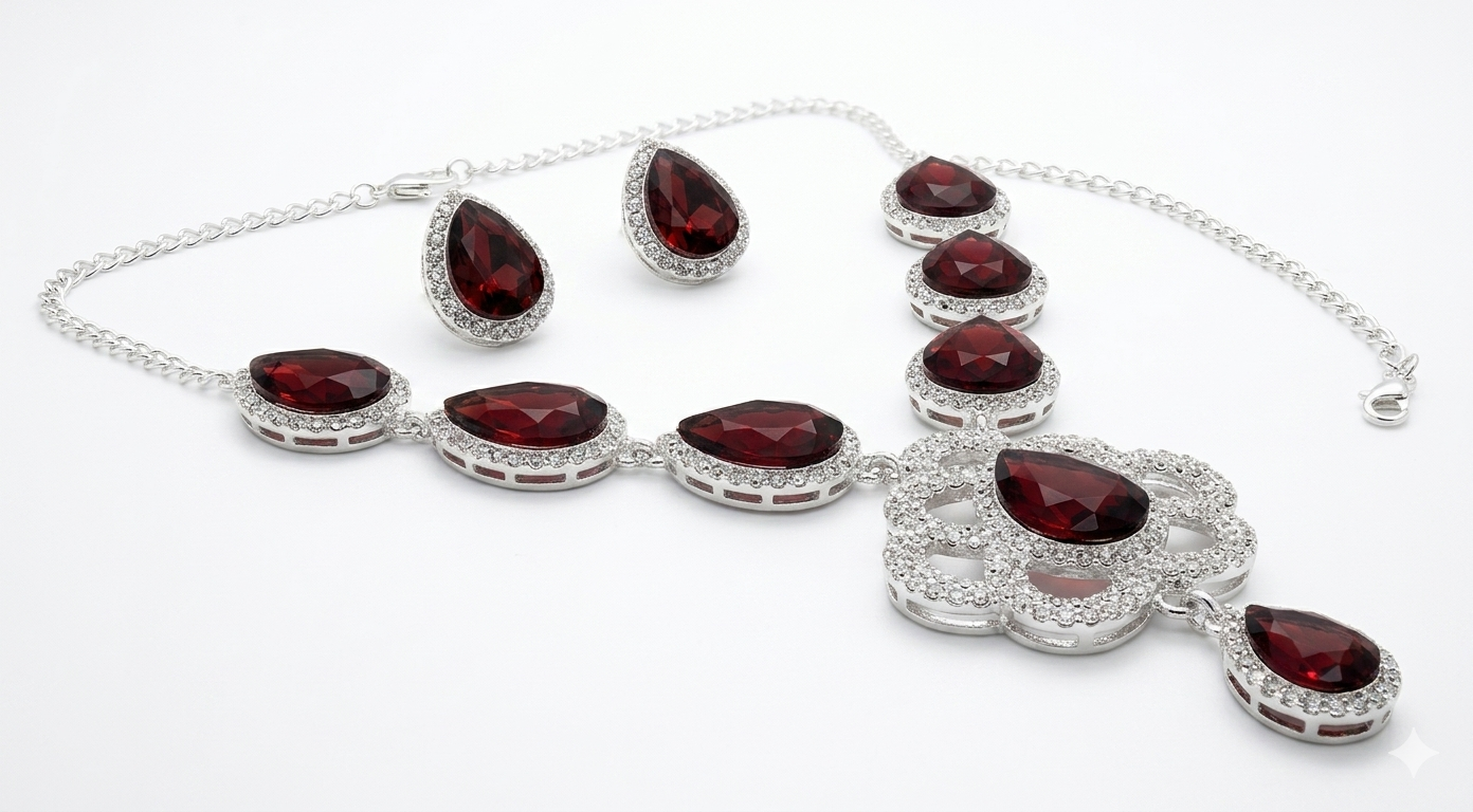 Silver Plated Red Crystal Teardrop Necklace Set with Stud Earrings for Women and Girls