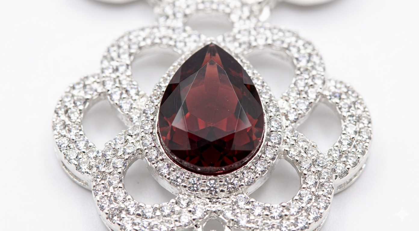 Silver Plated Red Crystal Teardrop Necklace Set with Stud Earrings for Women and Girls