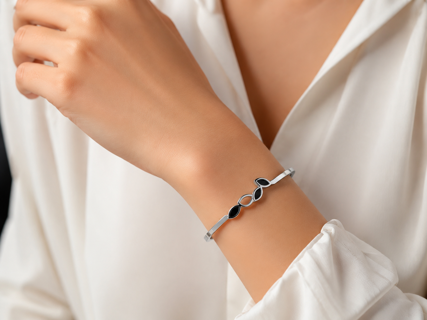 Silver Finish Black Leaf Design Openable Kada Bracelet for Women and Girls