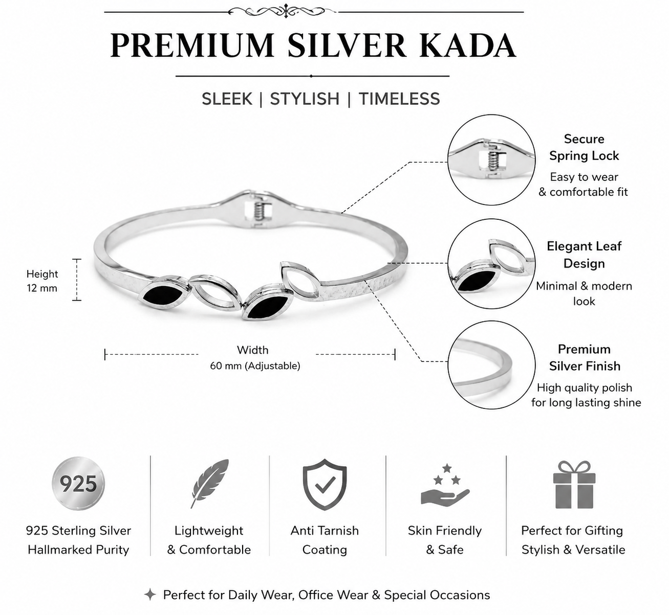 Silver Finish Black Leaf Design Openable Kada Bracelet for Women and Girls
