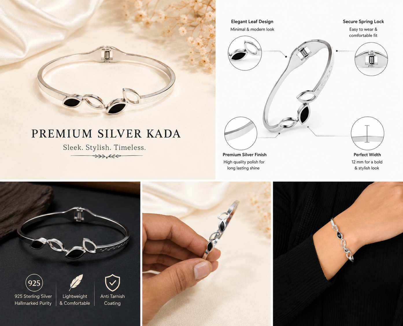 Silver Finish Black Leaf Design Openable Kada Bracelet for Women and Girls
