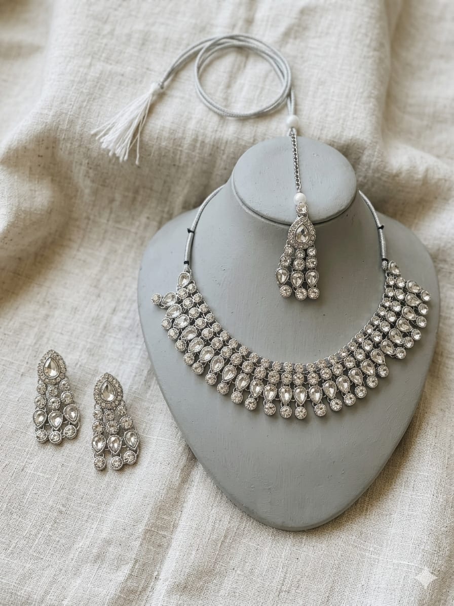 Silver Plated American Diamond Choker Necklace Set with Earrings and Maang Tikka for Women