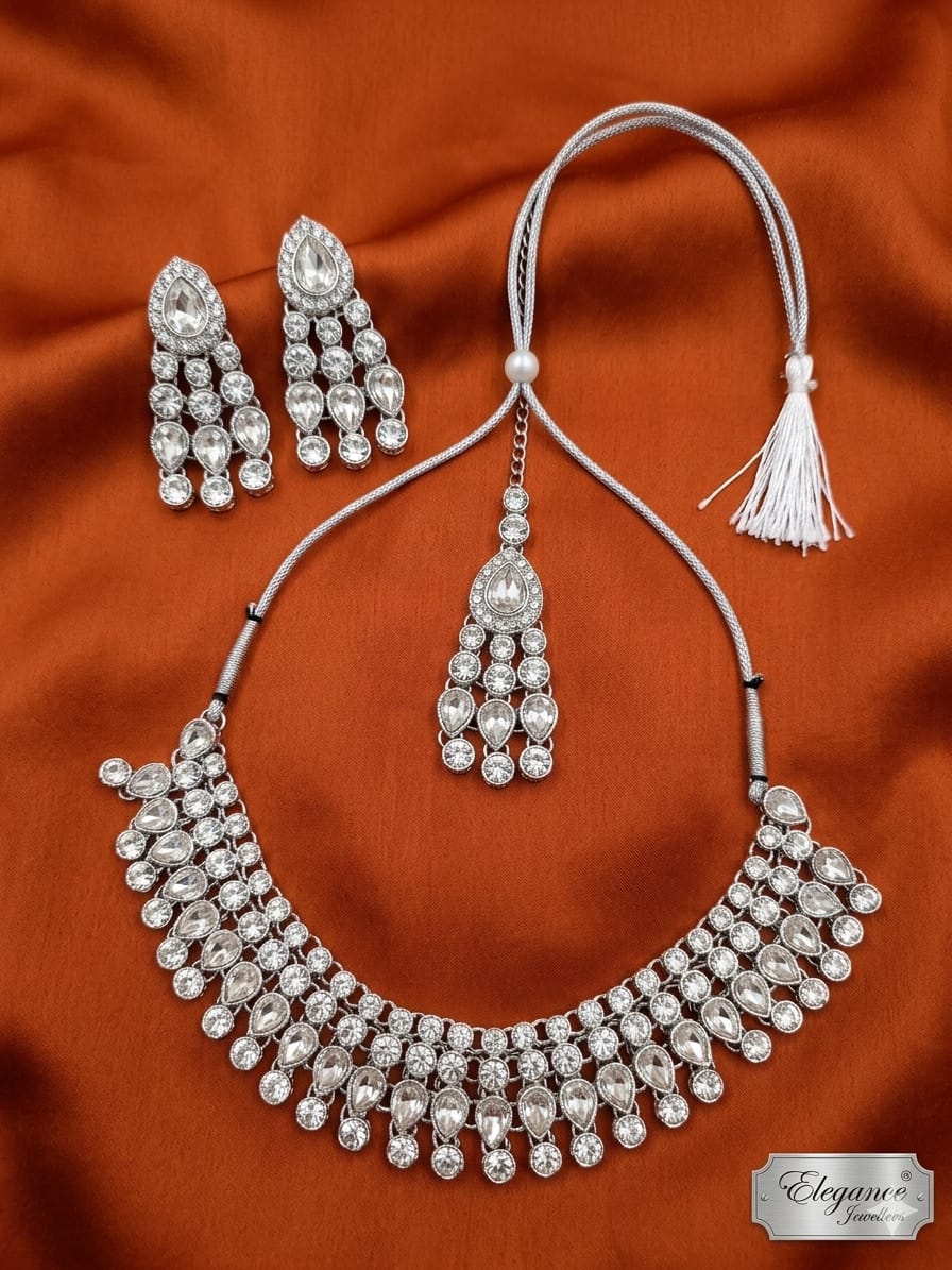 Silver Plated American Diamond Choker Necklace Set with Earrings and Maang Tikka for Women