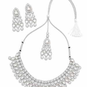 Silver Plated American Diamond Choker Necklace Set with Earrings and Maang Tikka for Women