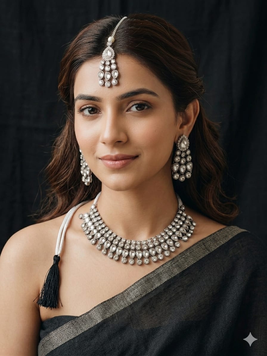Silver Plated American Diamond Choker Necklace Set with Earrings and Maang Tikka for Women