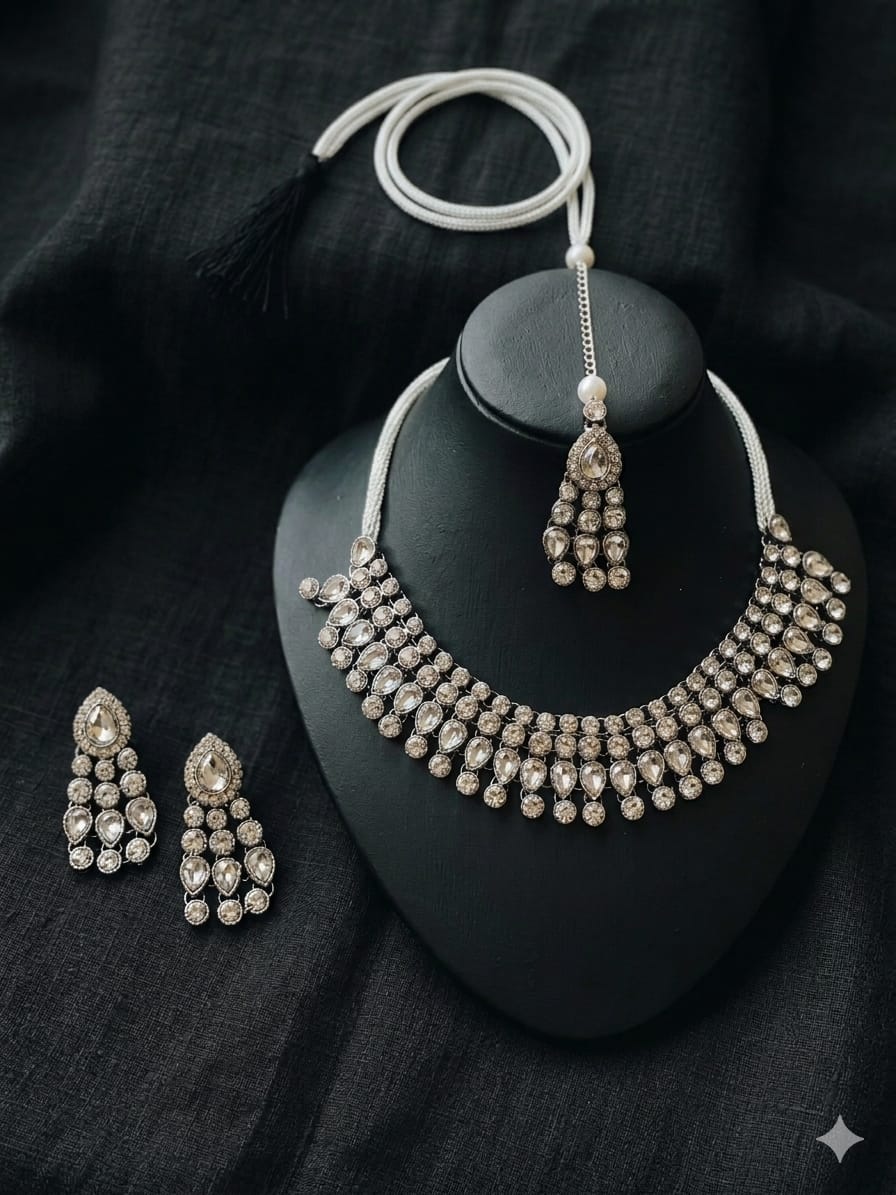 Silver Plated American Diamond Choker Necklace Set with Earrings and Maang Tikka for Women