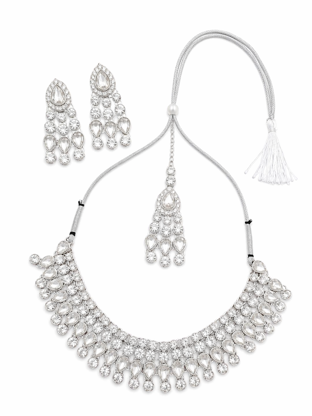 Silver Plated American Diamond Choker Necklace Set with Earrings and Maang Tikka for Women