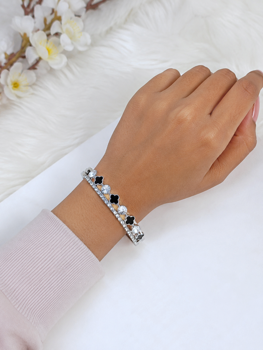 Silver Plated Black Clover Crystal Bracelet for Women & Girls - Image 5