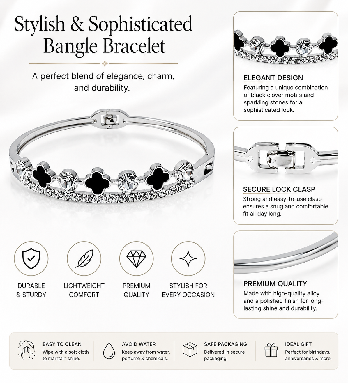 Silver Plated Black Clover Crystal Bracelet for Women & Girls - Image 4
