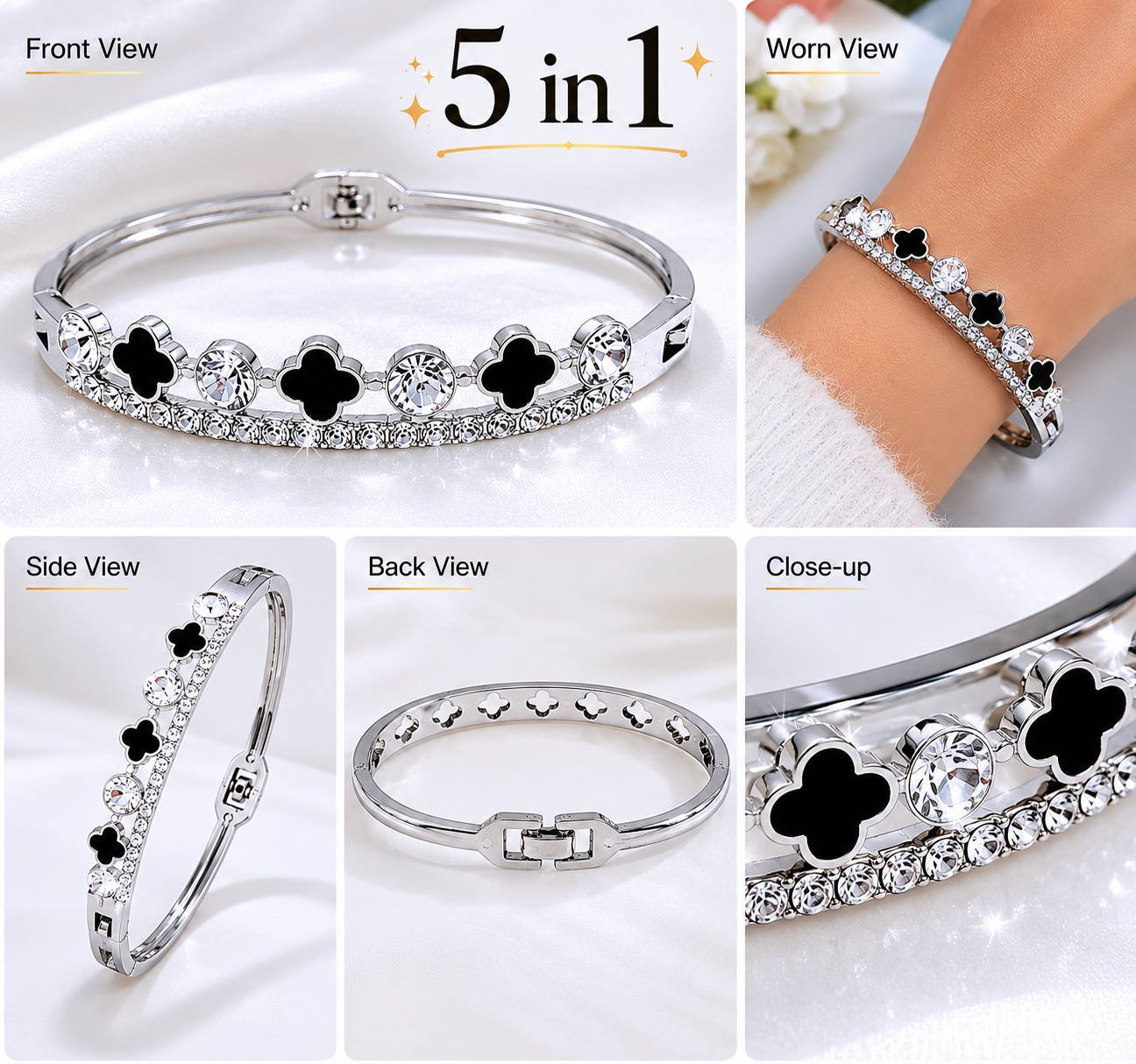 Silver Plated Black Clover Crystal Bracelet for Women & Girls - Image 3