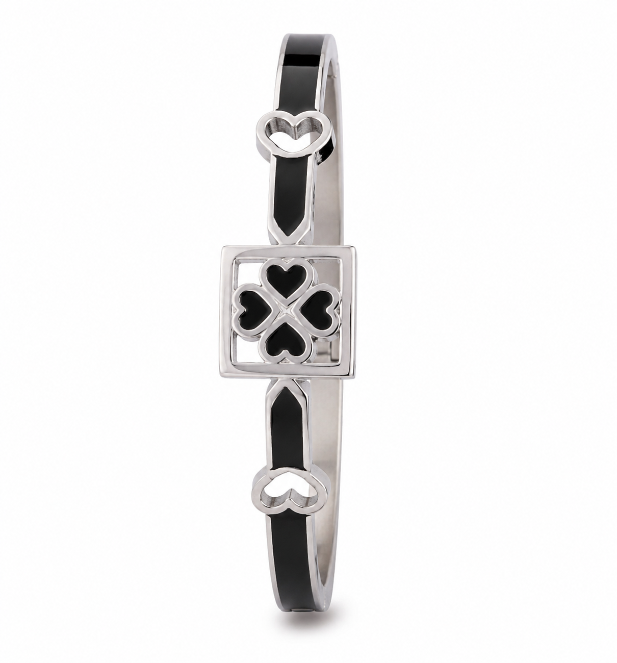 Silver Finish Black Heart Clover Design Openable Kada Bracelet for Women and Girls