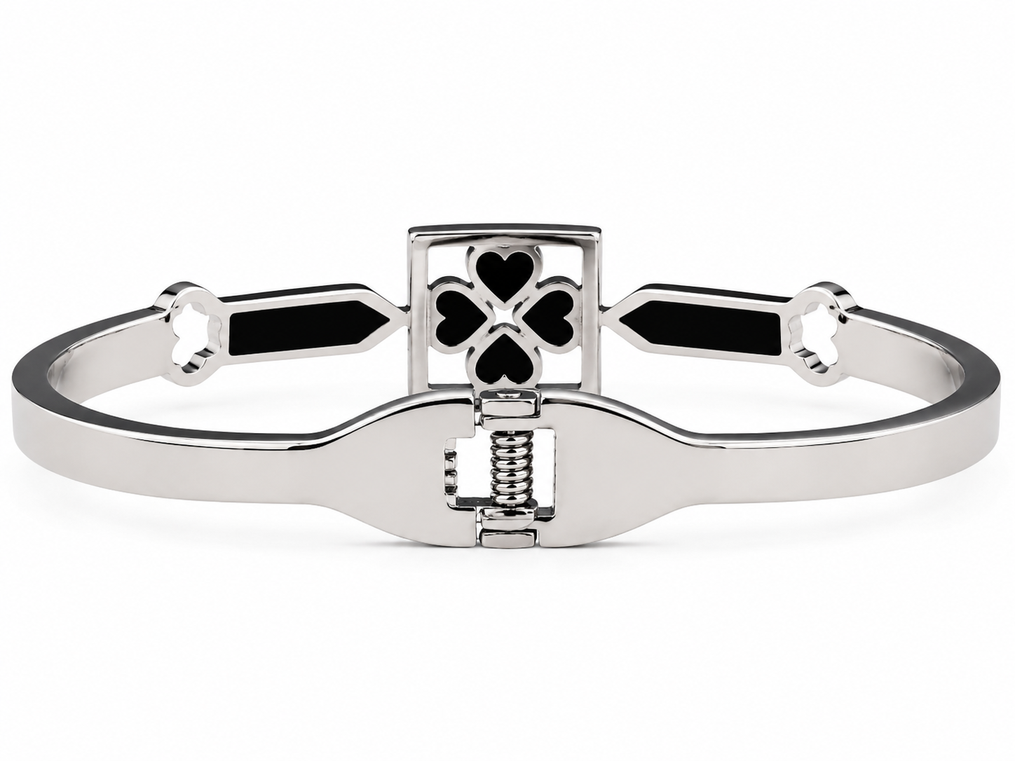 Silver Finish Black Heart Clover Design Openable Kada Bracelet for Women and Girls