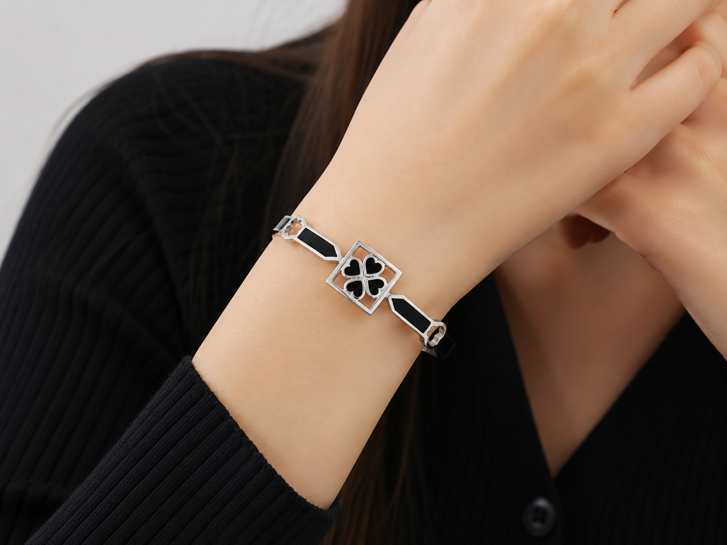 Silver Finish Black Heart Clover Design Openable Kada Bracelet for Women and Girls