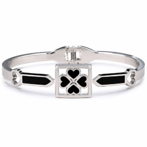 Silver Finish Black Heart Clover Design Openable Kada Bracelet for Women and Girls