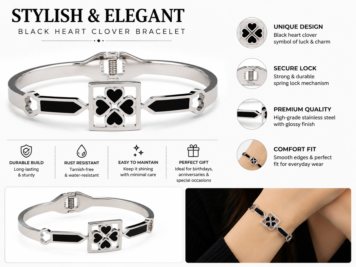 Silver Finish Black Heart Clover Design Openable Kada Bracelet for Women and Girls