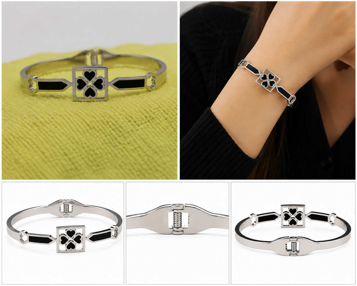 Silver Finish Black Heart Clover Design Openable Kada Bracelet for Women and Girls