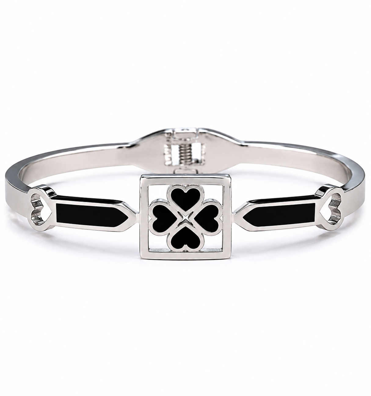 Silver Finish Black Heart Clover Design Openable Kada Bracelet for Women and Girls