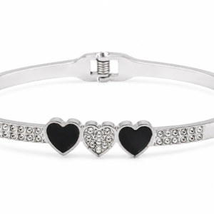 Silver Tone Triple Heart Crystal Bracelet for Women with Black Heart Design and Rhinestone Accents