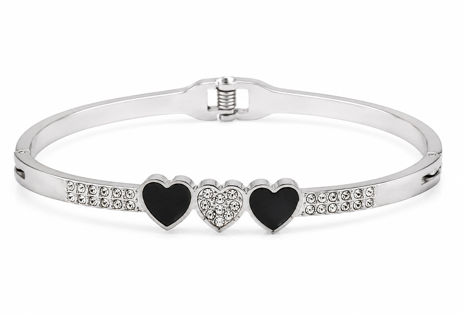 Silver Tone Triple Heart Crystal Bracelet for Women with Black Heart Design and Rhinestone Accents