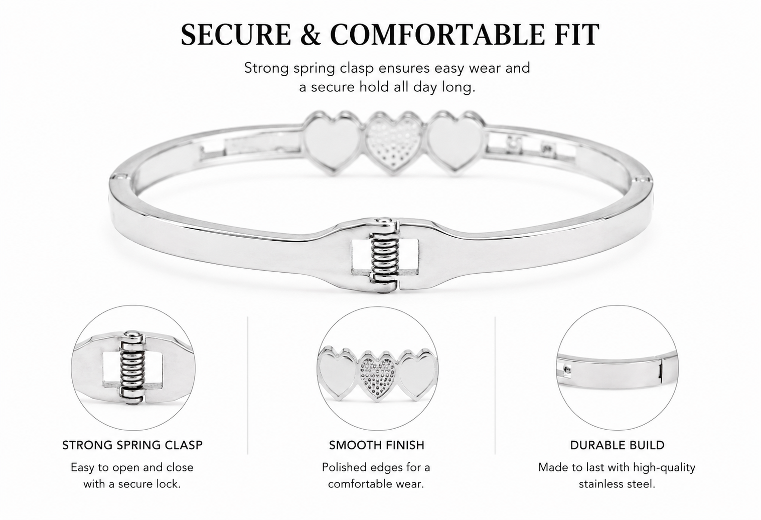 Silver Tone Triple Heart Crystal Bracelet for Women with Black Heart Design and Rhinestone Accents