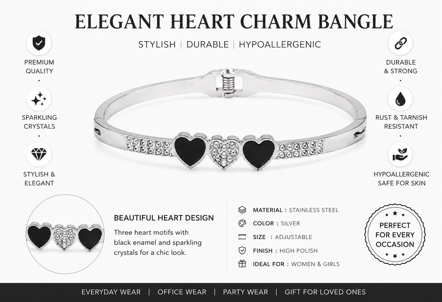 Silver Tone Triple Heart Crystal Bracelet for Women with Black Heart Design and Rhinestone Accents