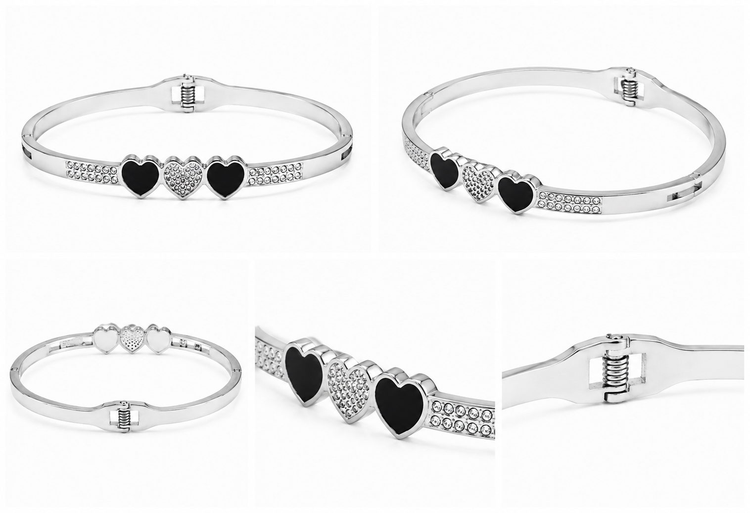 Silver Tone Triple Heart Crystal Bracelet for Women with Black Heart Design and Rhinestone Accents