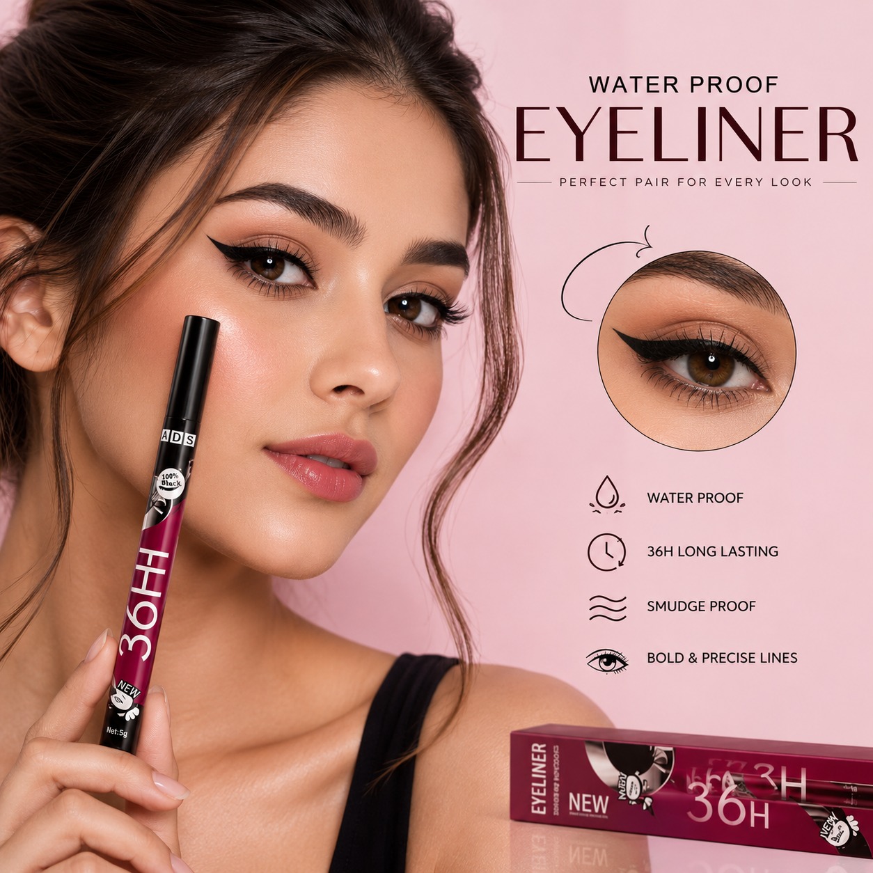 ADS 36H Waterproof Liquid Eyeliner with long wear black formula