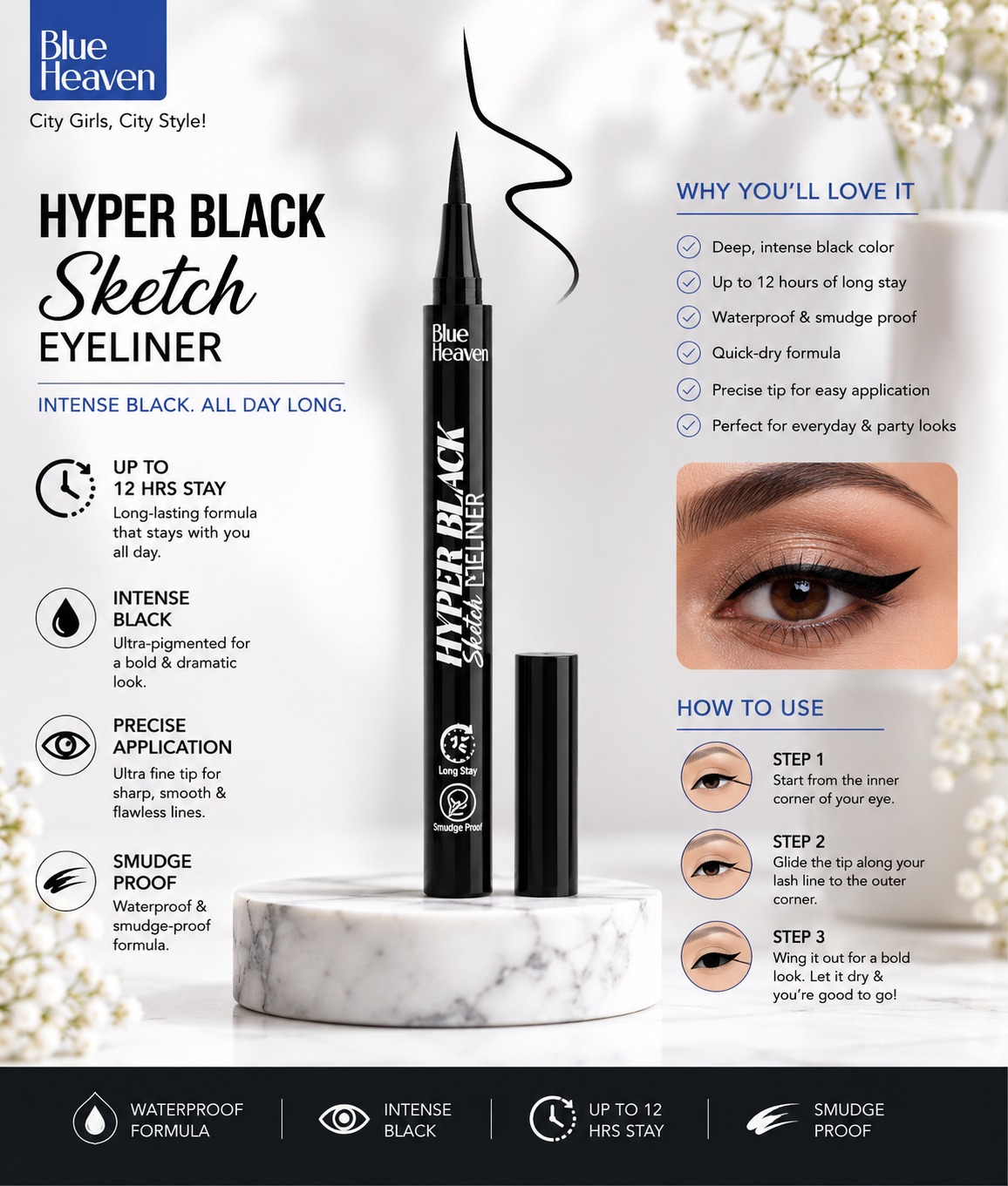 Blue Heaven Hyper Black Sketch Eyeliner Long Lasting Black Liquid Eyeliner