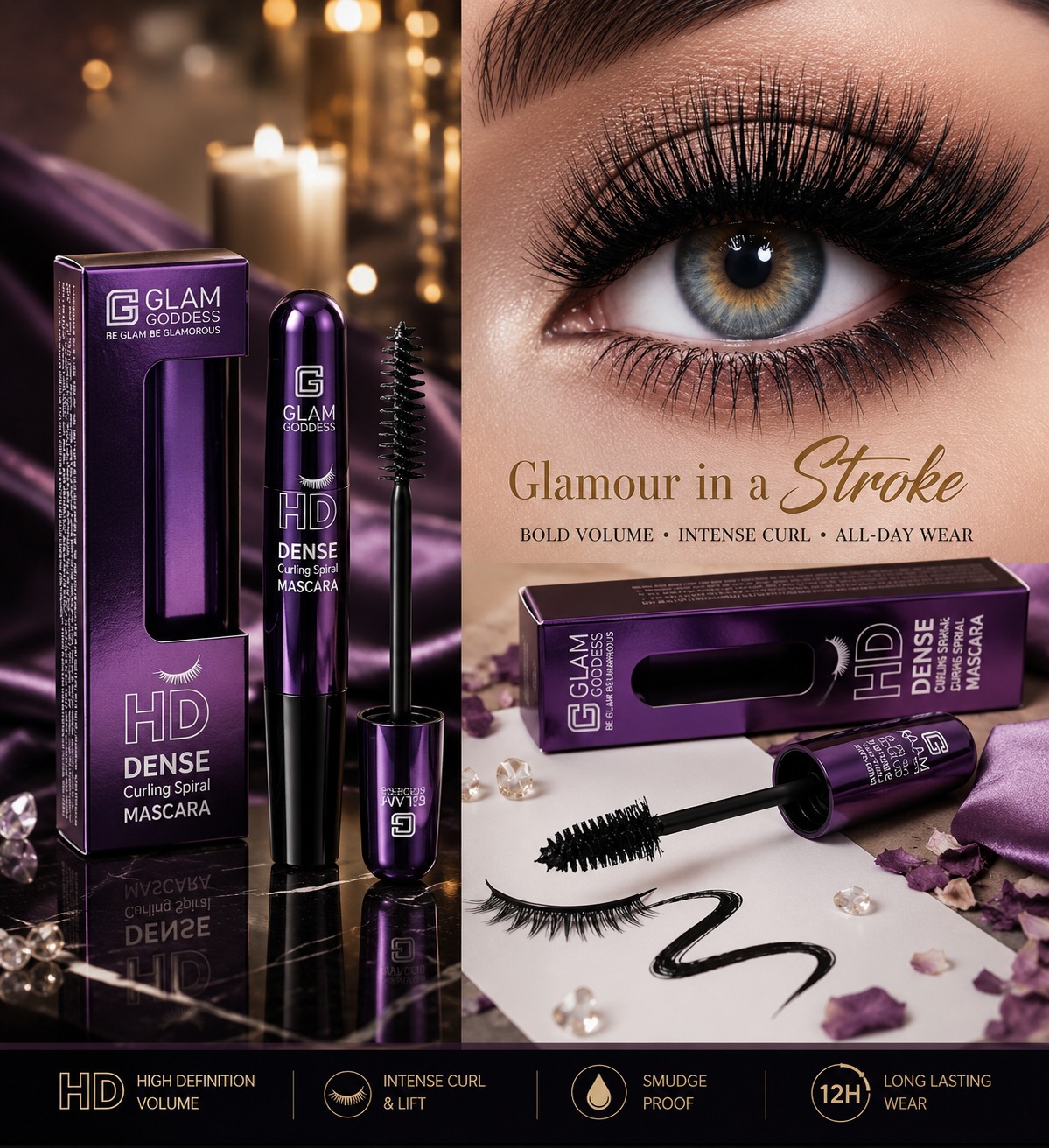 Glam Goddess HD Dense Curl Mascara gives your lashes intense volume, dramatic curl, and long-lasting definition. Its lightweight, clump-free formula enhances every lash for a bold, eye-catching look, making it perfect for everyday wear, parties, and special occasions.