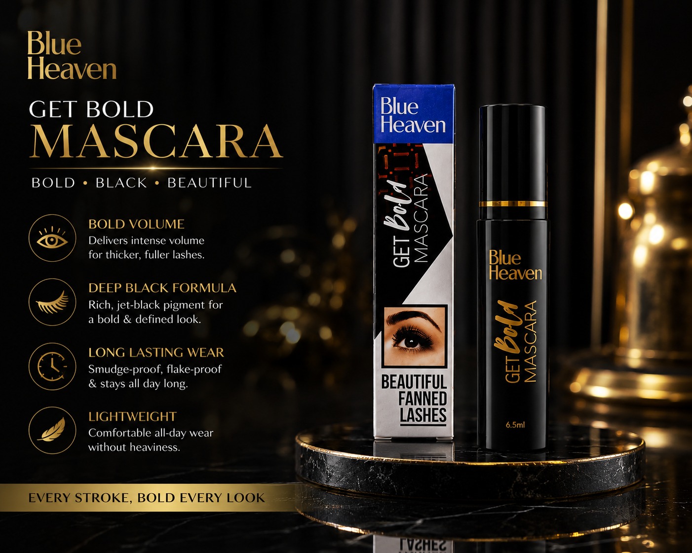 Blue Heaven Get Bold Mascara enhances your lashes with intense color, impressive volume, and defined length. Its lightweight, long-lasting formula glides smoothly without clumping, making it perfect for everyday wear, office looks, parties, and special occasions.