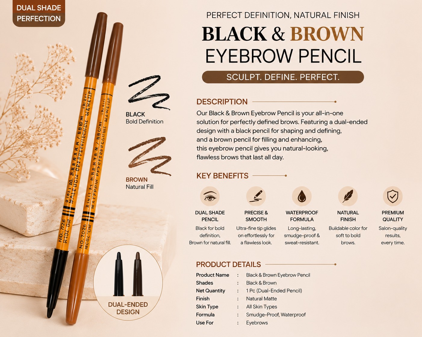 Perfect Definition 2 in 1 Black & Brown Eyebrow Pencil - Image 2