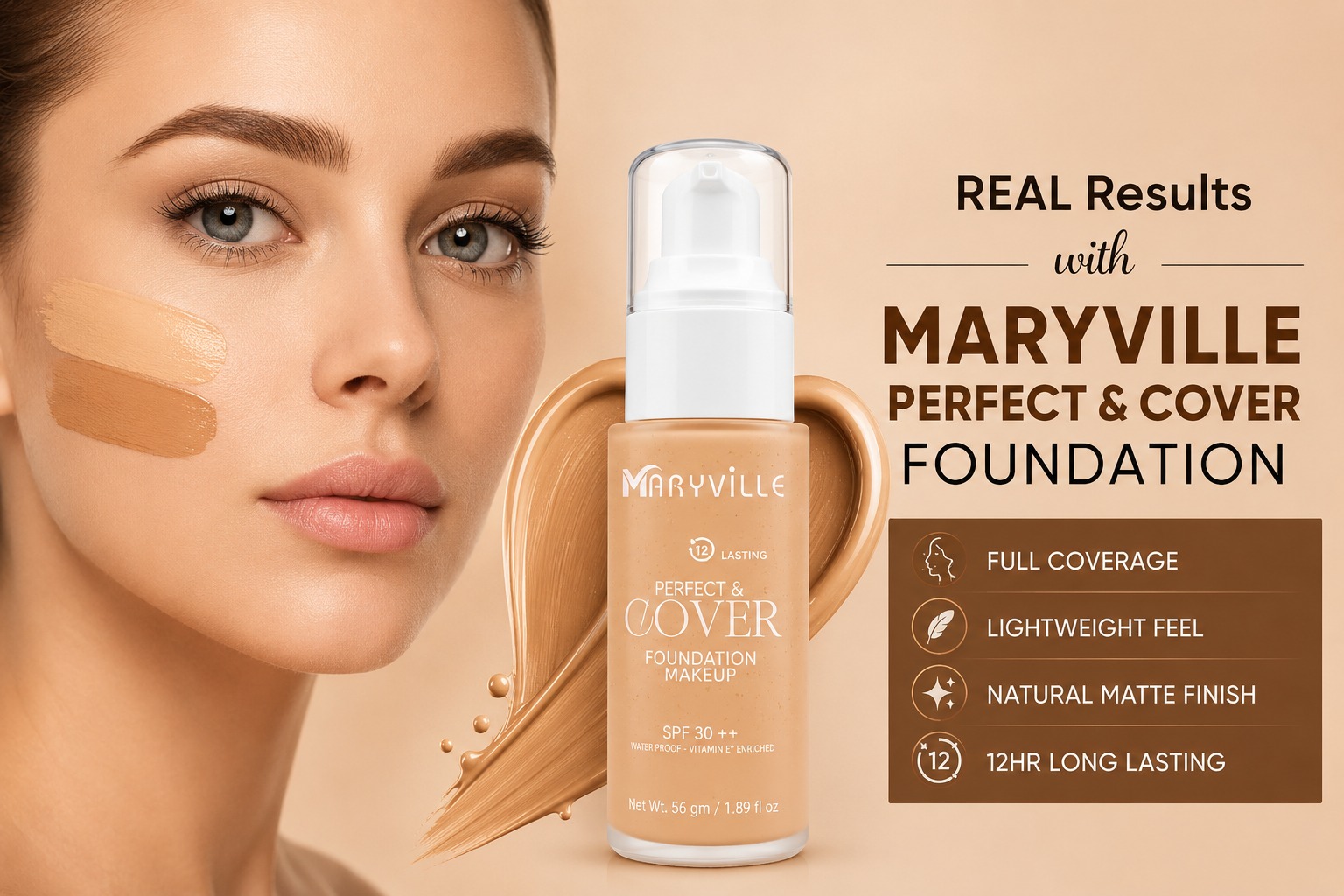 MARYVILLE Perfect & Cover Foundation – Full Coverage Matte Foundation for Women