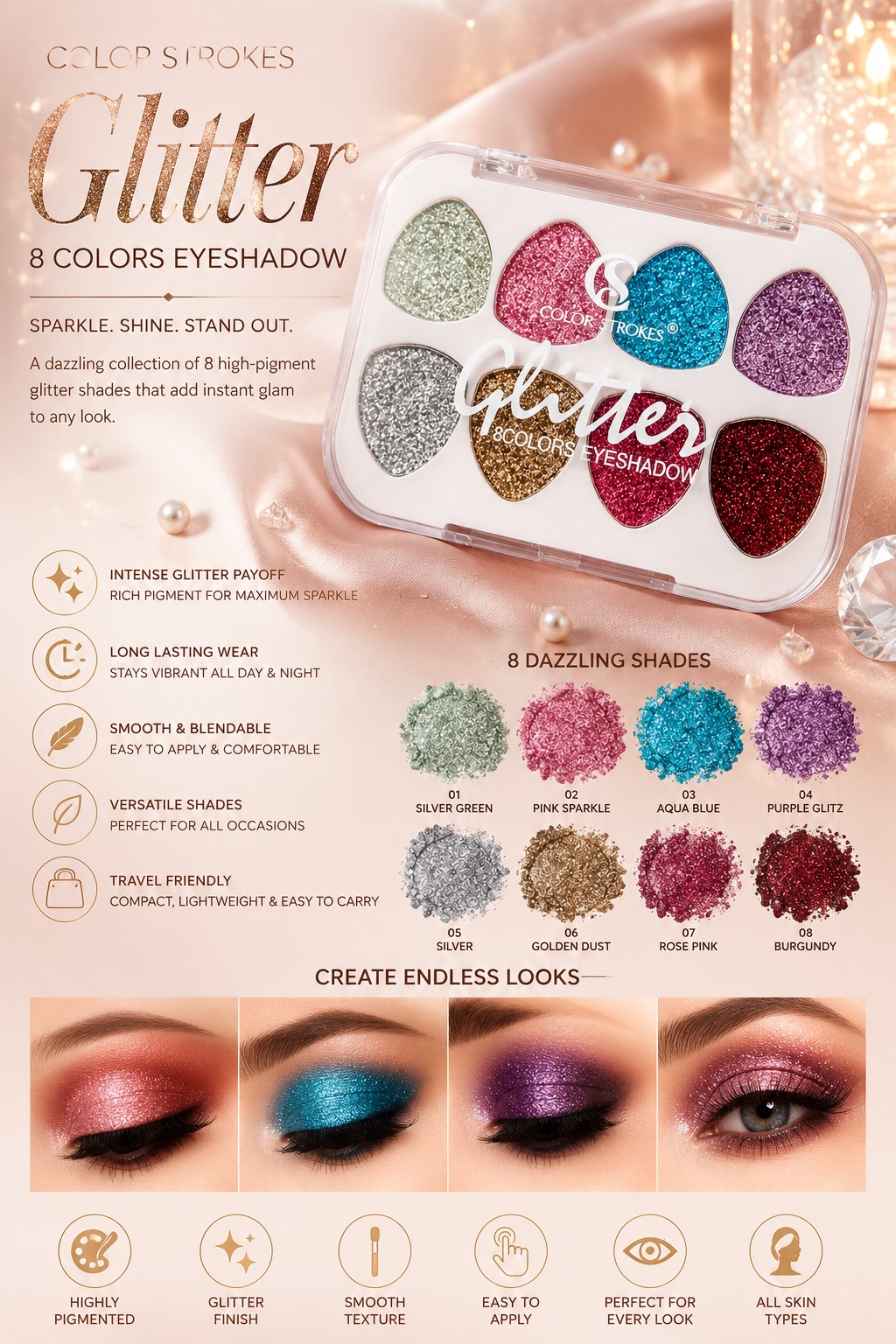 Color Strokes Glitter 8 Colors Eyeshadow Palette - Image 2
