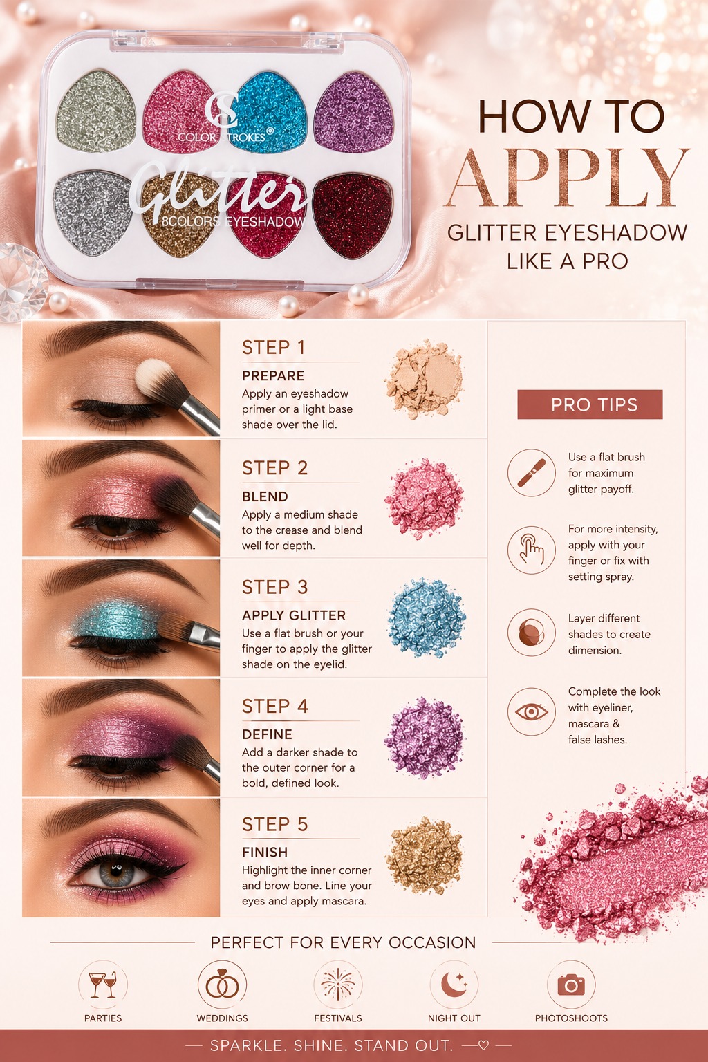 Color Strokes Glitter 8 Colors Eyeshadow Palette - Image 4